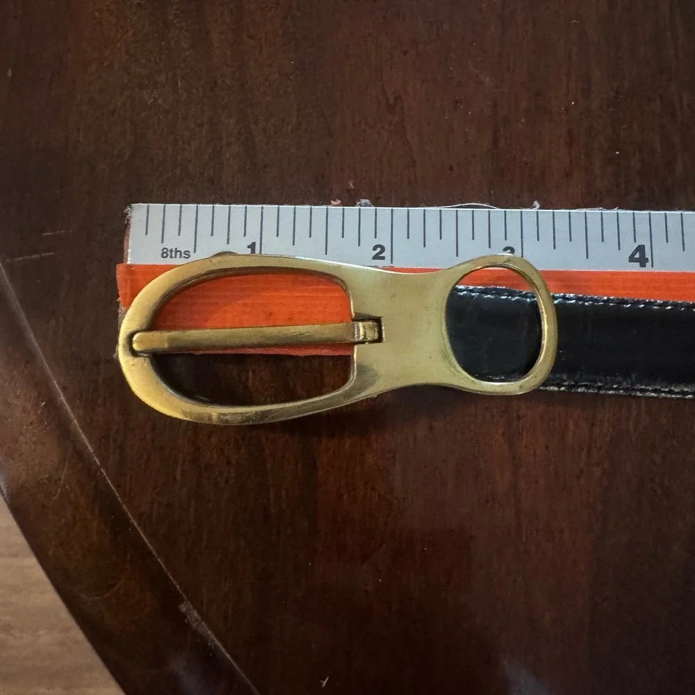 Vintage Black Croc Genuine Embossed Leather Belt Solid Brass Oval Buckle Size ML